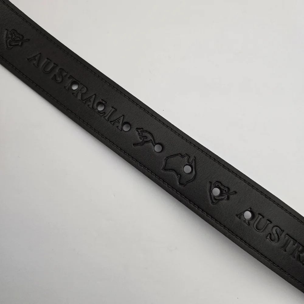 AUSTRALIA‎ belt size 36 Leather Brown Embossed Kangaroo Map Symbols Gold Buckle